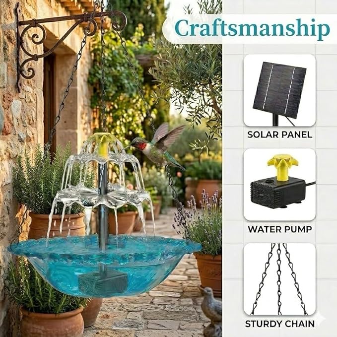 2026 Solar Cascade Hanging Bird Bath Fountain, Solar Powered Waterfall Birdbath with 3-Tier Bowl, Outdoor Hanging Water Fountain for Garden Patio Backyard Decoration, Blue (Multi-Spray Modes)