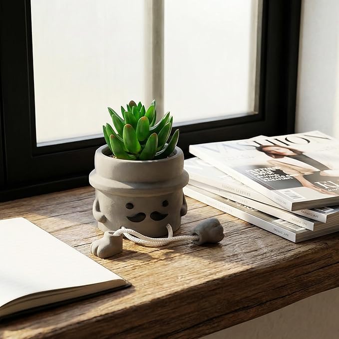 Cute Artificial Succulent Plant in Cement Pot with Hanging Legs, Mini Faux Succulent Decor for Kitchen Shelves, Bathroom Wall Shelf - Fake Small Plant for Home & Office Desktop, Shelf Accents