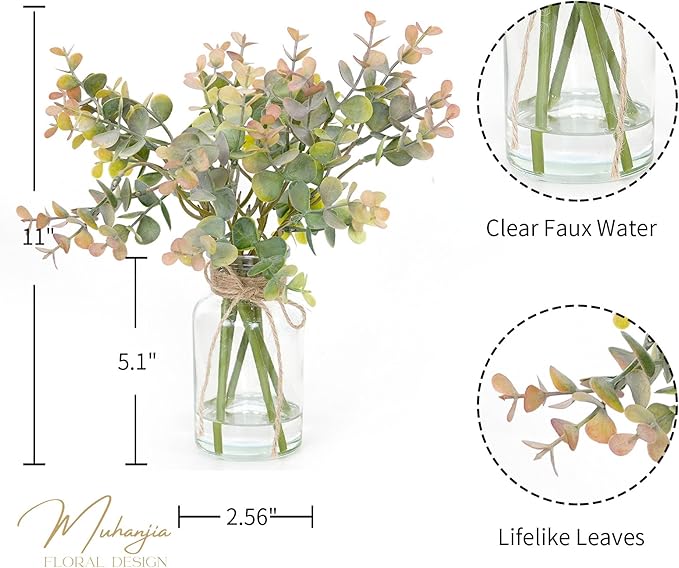 Muhanjia Artificial Eucalyptus Stems in Glass Vase with Faux Water,6Pcs Grey-Orange Fake Plant for Centerpiece (Grey-Orange Eucalyptus)
