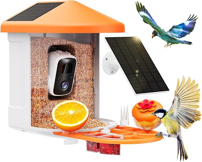 HARYMOR Bird Feeder with Camera with AI Identify Birds Species Solar Powered, Smart Bird House with Cam, 2K HD Video Live Stream, Instant Arrival Alerts - Orange