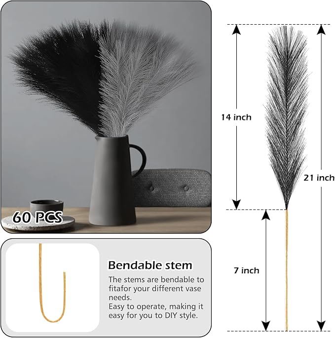SeptCat 60 Pcs Pampas Grass Black and Light Grey Decor 21.7" Fluffy Faux Short Pampas Grass Artificial Small Pompas Grass Flower Vase Filler for Home Wedding Decoration