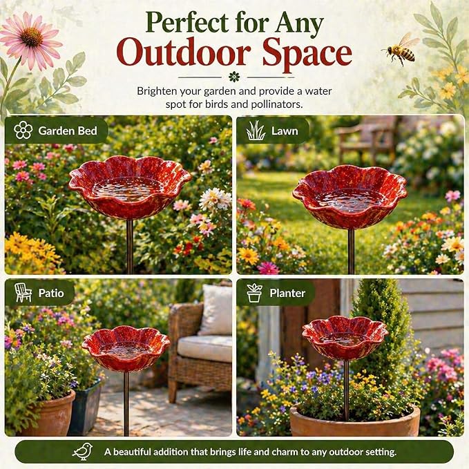 Metal Flower Garden Stakes Bird Bath, Handmade Metal Flower Garden Stake with Bee Bath, Bird Water Bowl Water Station for Outdoor Yard Lawn Patio Decor (Red)