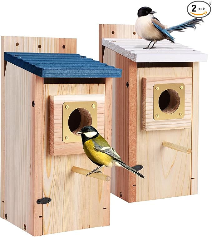 Bird Houses for Outside 2Pack with Copper Guard,Thicken Wooden Bluebird House Clearance Garden Country Cottages, Nesting Box for Finch Swallow Wren Chickadee Wild Bird Supplies, Easy to Assemble