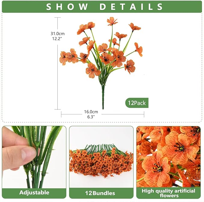Artificial Fake Plants Flowers for Outdoor Outside Fall Decoration,24 Bundles Faux Silk Orange Daisy in Planter UV Resistant Look Real for Home Front Door Porch Patio Garden Balcony Autumn Decor