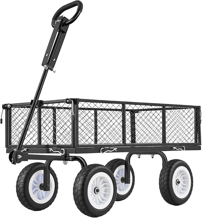 VEVOR 900 LBS Steel Garden Cart, 2 in 1 Handle, Heavy Duty Pullable Garden Wagon with 10" Flat-Free Tires, Outdoor Utility Yard Wagon Cart with Detachable Side Panels, Attach to ATV or Tractor