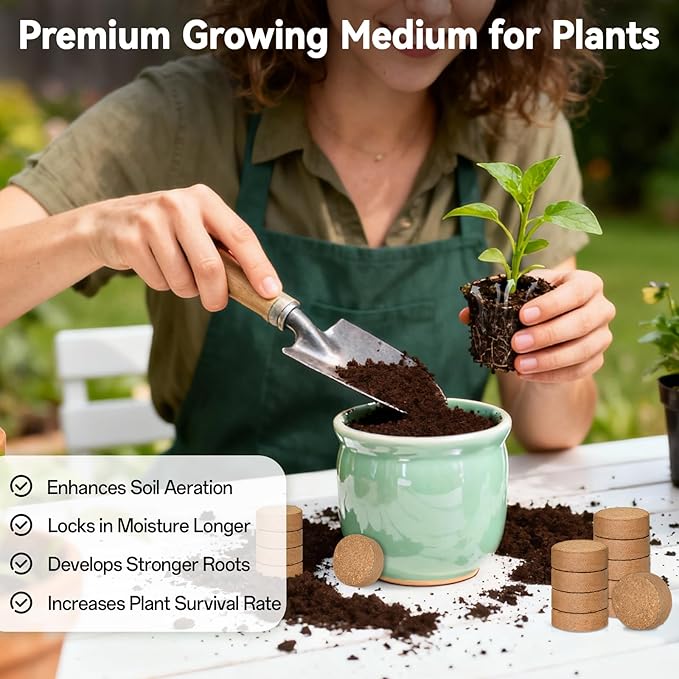 ZeeDix 100 Pack 40mm Organic Coco Coir Seed Starter Pellets, Compressed Coconut Fiber Seed Starter Soil Discs Potting Soil Mix for Indoor Outdoor Plants, Herbs Houseplants Bonsai Vegetables Flowers