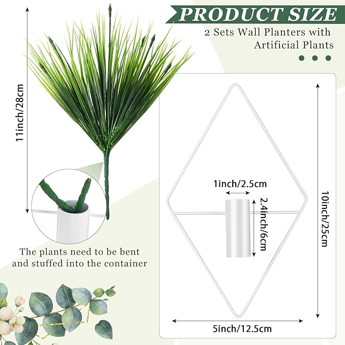 Canlierr 2 Pieces White Wall Decor Hanging Planters with Artificial Plants Metal Hanging Vase Indoor Plants Holder Modern Geometric Wall Art for Bathroom Bedroom Living Room Decor(Aquatic Plant)
