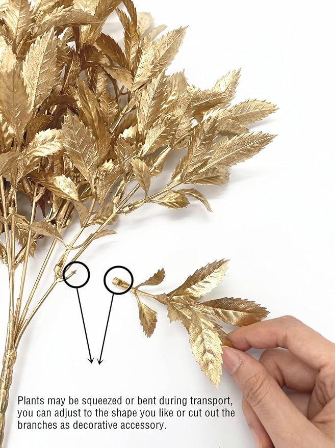 PASYOU Artificial Golden Plants, Fake Foliage Shrubs Decor Plastic Faux Plant for Indoor Outdoor Home Garden Office Party Hall Verandah Wedding DIY Christmas Decoration Gold Leaves Bundles - 3 Pack