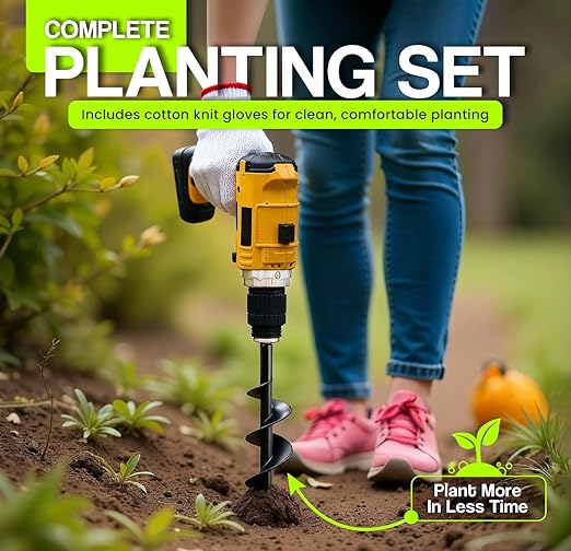 4pk Auger Drill Bit for Planting with Gloves - Heavy Duty Garden Spiral and Bulb Planter Tool for Digging Holes - Compatible with 3/8 Inch Hex Drive (1.6 x 8.6 + 3 x 12 + 2 x 14.5 + 2.6 x 16.5 Inch)