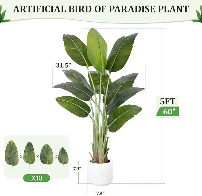 Artificial Bird of Paradise Plant 5Ft Tall Fake Tropical Palm Tree Large Fake Plants with 10 Silk Banana Leaves Faux Plant Indoor Decor Trees with White Pot for Home Bedroom Living Room Office（2pcs）