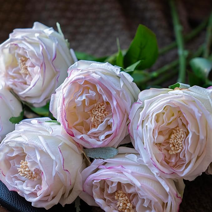 DUYONE Light Pink 4pcs Fake Flowers for Decoration Home Decor Artificial Flowers Austin Rose Peony Latex Fake Flower Living Room Decoration Vivid Pink Roses Peonies(Pink Edge 4pcs)
