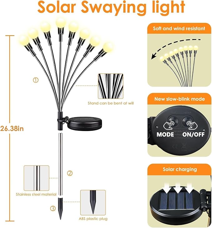 Solar Garden Lights, 6 Pack 48LED Solar Firefly Lights, Waterproof Garden Light Outdoor with 2 Lighting Modes, Swaying Light for Outside Yard, Walkway, Patio, Lawn, Flower Bed Decoration (Warm White)