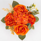 Flower Arrangement with Wooden Vase 8" Artificial Flowers in Pot - Fake Flowers Roses Peonies Hydrangeas in Wooden Vase Potted Artificial Flower Centerpieces for Table Decor Living Room - Burnt Orange