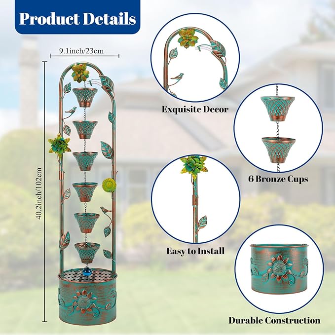 40" H Outdoor Tiered Water Fountain, Vintage Floor Standing Fountains with 6 Hanging Cups, Indoor Cascading Water Fountain Feature for Garden Yard Home Decor