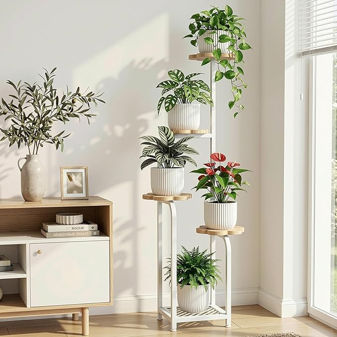 TOSKING 5 Tier Metal Anti-Tip Plant Stand indoor, Wide Base for Pots, Child and Pet Friendly ,Heavy Duty Plant Shelf , Corner Shelf, Flower Pot Stand for Multiple Plants, Indoor Plants Tiered Stand for Living Room Balcony Garden Patio Bedroom (White an...