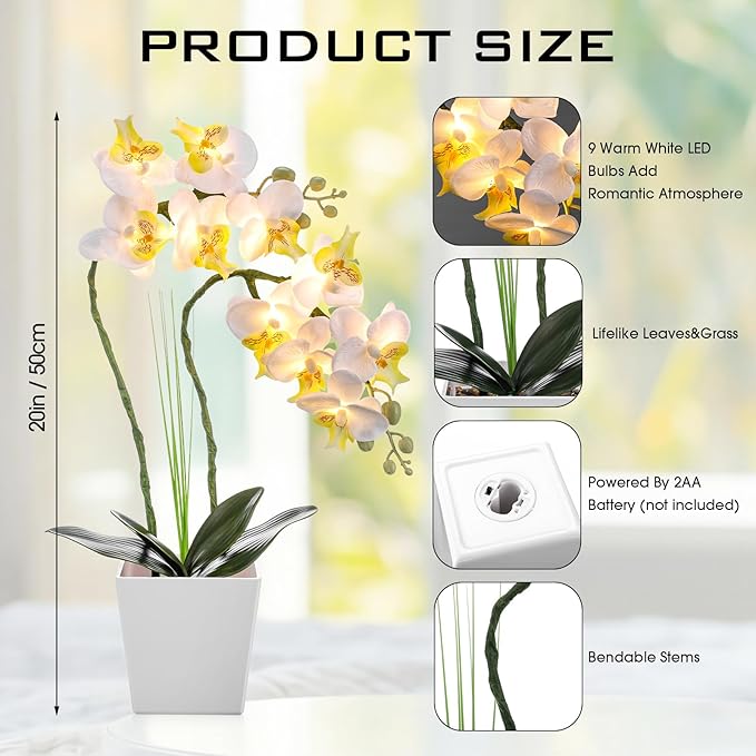 Riceshoot 2 Pack Lamp-LED Lighted Orchids Artificial Flowers, 20" White Real to Touch Faux Orchid with Pots Silk Phalaenopsis Plant for Table Centerpieces Home Office Living Room Wedding Decoration