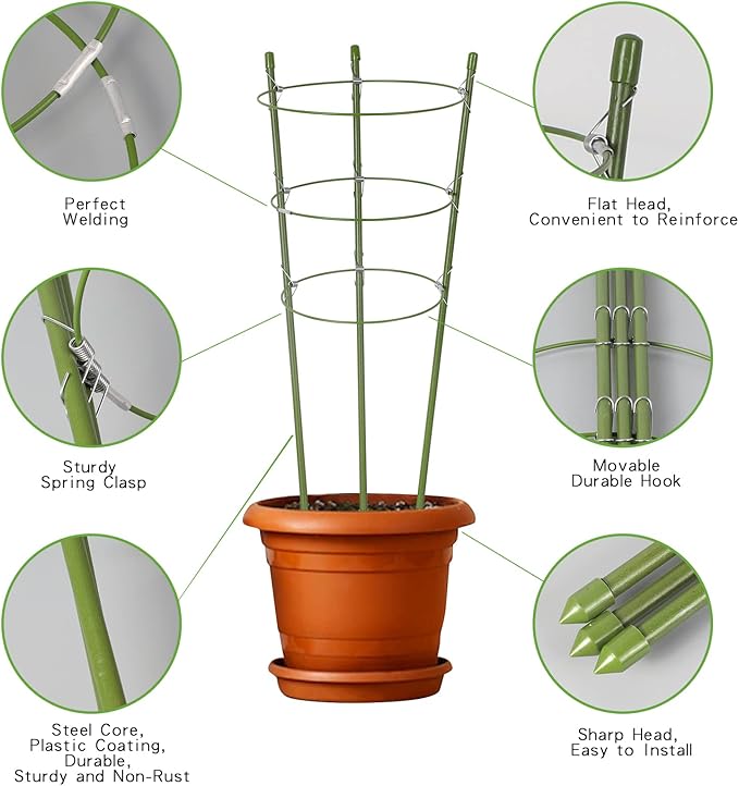 6 Pack Plant Support Cages 18 Inches Small Tomato Cages and Supports with Adjustable Rings for Garden Pots, Climbing Plants, Bonus 98 Feet Twist Ties