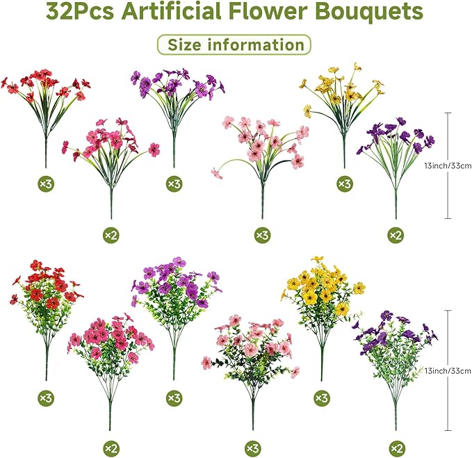 Alupssuc 32 Bundles Artificial Flowers for Outdoors Decoration, UV Resistant Silk Faux Floral Spring Fake Plastic Plants Greenery for Outside Indoor Patio Porch Window Box Home Decor, Mix 6 Colors