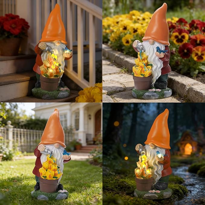 Solar Gnome Statue Outdoor Decor for Mother's Day,Gnome Figurines with Flower LED Light for Garden Decorations for Patio Lawn Balcony Fairy Gardens,Housewarming Gifts for Women Mom