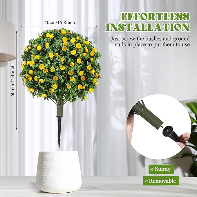 Lunmon 2 Pack 24" Artificial Topiary Ball Plants Trees with Flowers, Outdoor Fake Topiary Plants with Ground Spike, UV Resistant Faux Bushes for Indoor Outdoor Front Door Decor(Yellow,Rose)