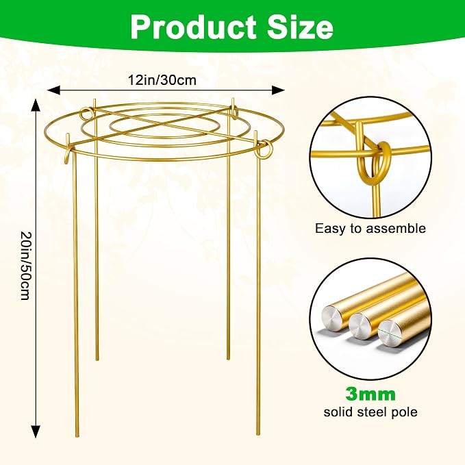 6 Pack Peony Cages and Supports, 12'' x 20'' Metal Removable Grid Flower Support Cage Set, 4-Leg Outdoor Plant Stake for Garden Peonies Tomato Hydrangea Strawberry (Gold)