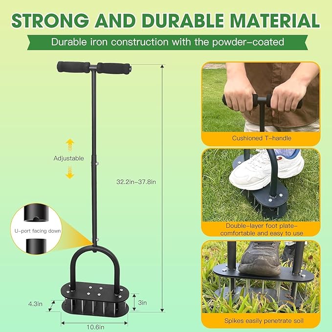 Lawn Aerator Automatic Dirt and Leaf Clean Design,Pre-Assembled 15 Iron Spikes Metal,Soil Lawn Aerating Tools for Yard Lawn and Garden, Lawn Aerator Spikes aerating Tool