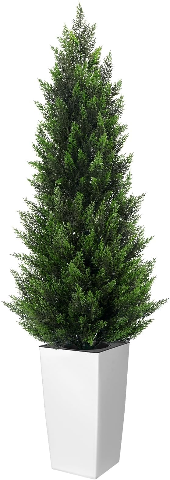 5FT Tall Artificial Cedar Topiary Tree with Compact Pyramidal Shape, Realistic Faux Cypress in Square White Pot with Fillable Water Bag, Outdoor Evergreen for Front Porch Garden Home Decor