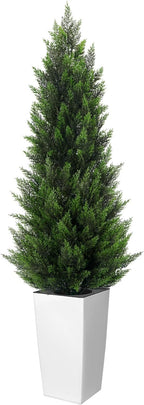 5FT Tall Artificial Cedar Topiary Tree with Compact Pyramidal Shape, Realistic Faux Cypress in Square White Pot with Fillable Water Bag, Outdoor Evergreen for Front Porch Garden Home Decor