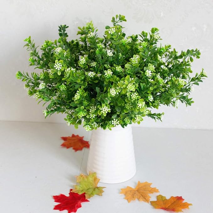 PASYOU Artificial Shrubs, Plastic Plants Fake Bean Shrub Bushes Grass Greenery Leaves Bush Indoor Outdoor Home Garden Party Verandah Wedding DIY Table Arrangement Decoration Planter Filler 4 Pack
