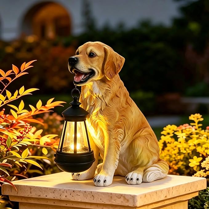 Garden Dog Statues Outdoor Decor, Solar Lights Outdoor Golden Retriever Figurine Solar Dog Ornaments for Patio, Lawn, Yard Art Decoration, Housewarming Garden Gifts for Mom