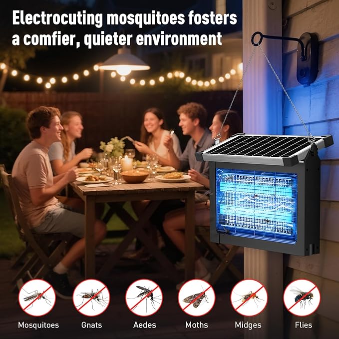 Solar Bug Zapper Outdoor Waterproof, 4500V Cordless Mosquito Zapper | USB-C rechargeable, solar powered with auto light sensor, hanging or stake use for patio, garden, backyard, camping, garage