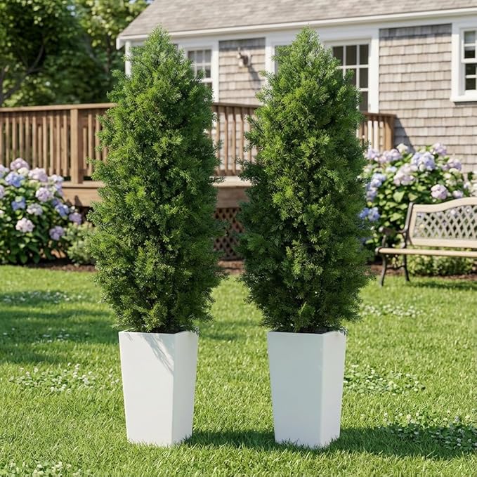 Aveyas 5ft Artificial Cedar Topiary Trees, 5 ft Faux Potted Plants Evergreen Fake Pine Cypress Tree for Outdoor Porch Home Outside Door Decor (5 Feet Tall Including Raised Pot) - Set of 2 Pack