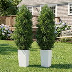 Aveyas 5ft Artificial Cedar Topiary Trees, 5 ft Faux Potted Plants Evergreen Fake Pine Cypress Tree for Outdoor Porch Home Outside Door Decor (5 Feet Tall Including Raised Pot) - Set of 2 Pack