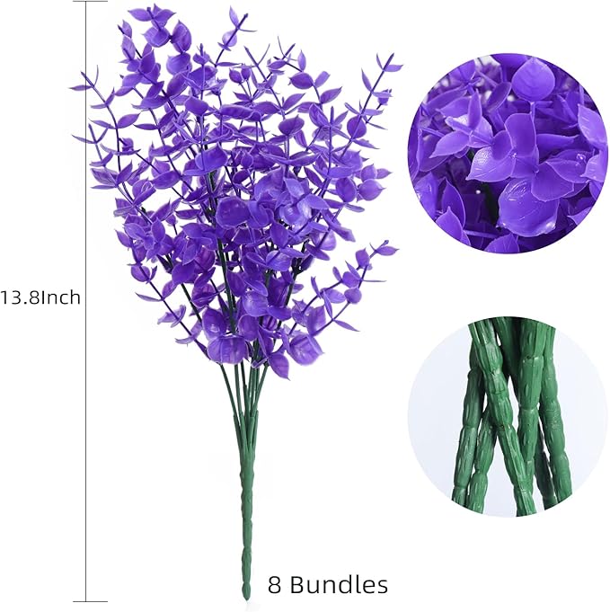 RECUTMS Artificial Plants Outdoor Artificial Ferns for Outdoors Purple Plants Outside Plastic Flowers for Outdoor Artificial Boxwood Greenery Fake Plants for Window Box(Pure Purple Eucalyptus)