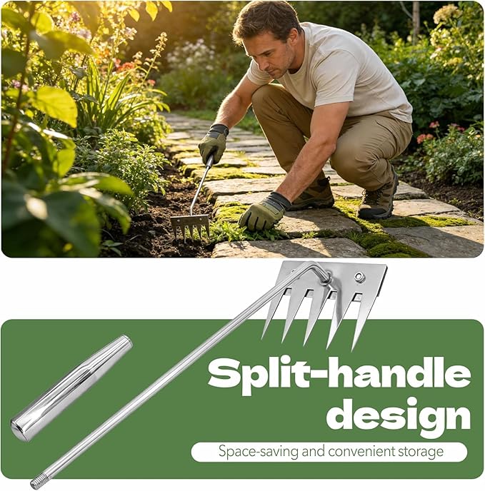 2Pcs Weed Puller Tool - 2026 Portable Manual Weeding Tools Gardening, 5 Teeth Head Stainless Steel Hand Garden Weeding Rake, Weed Remover Tool for Gardening Backyard Yard Farm Planting