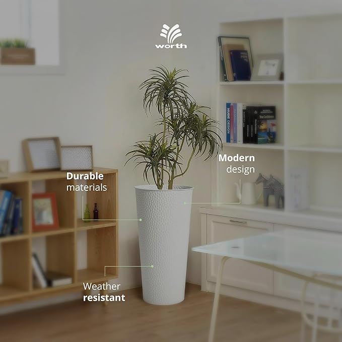 Worth 2 Pack 28" Tall Narrow Metal Planter with Inside Pot for Indoors or Outdoors, Deck, Patio or Front Porch, Hand-Hammered Texture, White