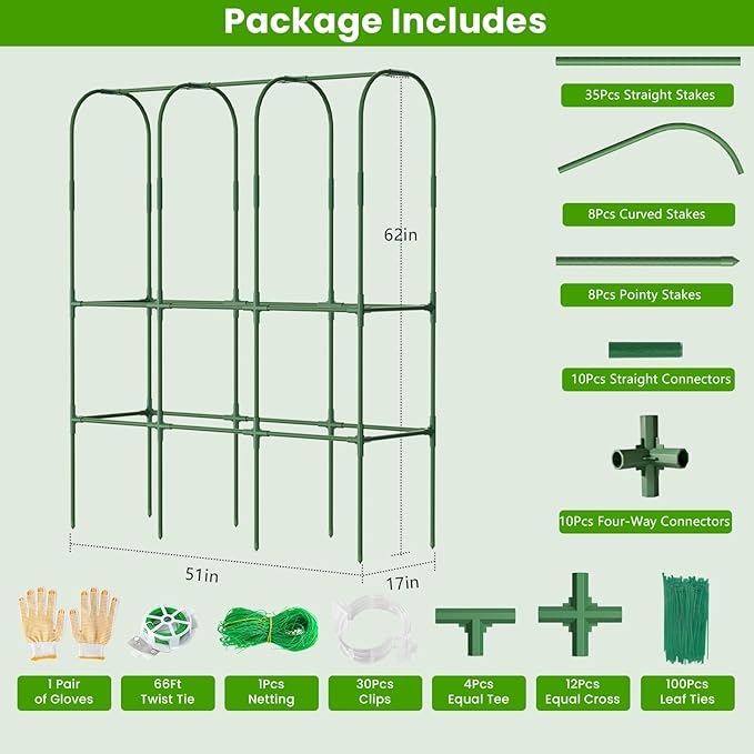 2 Pack 62in Tall Cucumber Trellis for Raised Bed, 51" L x 62" H Metal Garden Trellis for Climbing Plants Outdoor, U-Shape Vegetables Trellis Support for Squash Zucchini