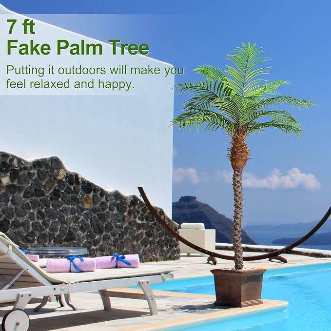 7ft Tall Artificial Phoenix Palm Tree for Outdoor Indoor Decor, Large Faux Coconut Silk Palm Tree Tropical Fake Tree Perfect for Outside Patio Poolside Home Office Decor (Set of 2)