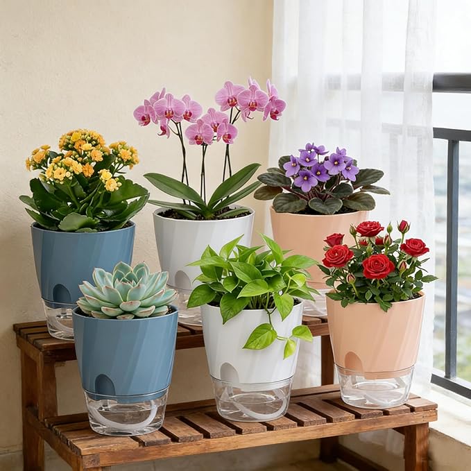 Self Watering Plant Pots 6 Inch, 6 Pack Indoor Planters with Wick Rope and Reservoir, Decorative Flower Pots for Spider Plant, Orchid, African Violet, Home Office Decor (2 White, 2 Pink, 2 Blue)
