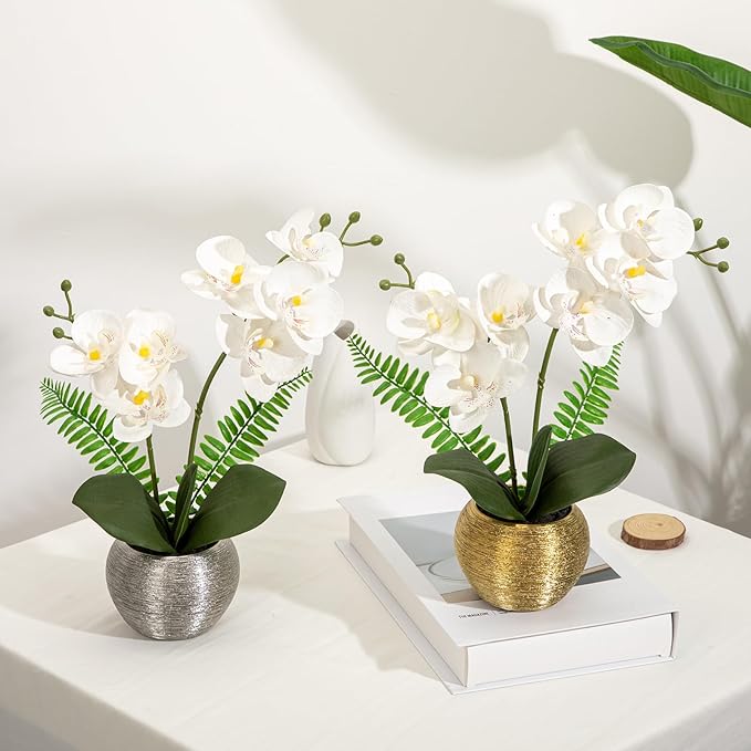 Briful Fake Orchid Flowers 13'' White Orchids Artificial Flowers with Silver Ceramic Vase Faux Orchid for Home Office Decor Indoor