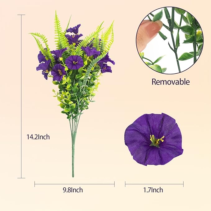 Artificial Flowers for Outdoors 12 Bundles Artificial Petunias Fake Flowers UV Resistant Shrubs Plants with Fern for Indoor Outside Hanging Planters Home Garden Summer Decorations (Purple)