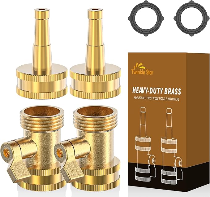 Twinkle Star Brass Hose Nozzle 4 Pack, Jet Nozzle High Pressure Hose Nozzle with Leakproof Shut off Valve, Upgraded Valve Handle, 3/4” GHT Nozzles for Garden Hose, Car Wash, Extra 2 Rubber Washers