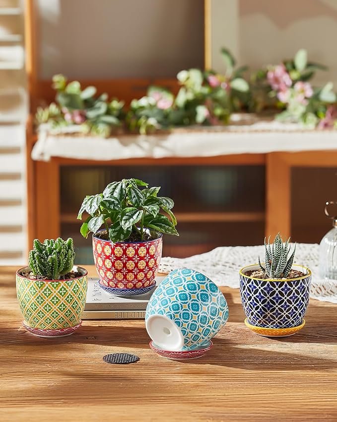 Metahom Succulent Ceramic Pots, 3.8 Inch Small Plant Pots with Drainage Hole & Saucer, Flower Planter Pot for Houseplants, Cacti, Home Decor, Set of 4, Vibrant Colors