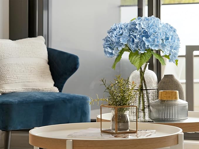 ZYTUYO 3 PCS Light Blue Artificial Hydrangea Fake Flowers 21'' Latex Lifelike Real Touch Large Bouquet Head with Long Stems Leaves for Centerpieces Party Home Wedding Silk Xmas Floral Decor