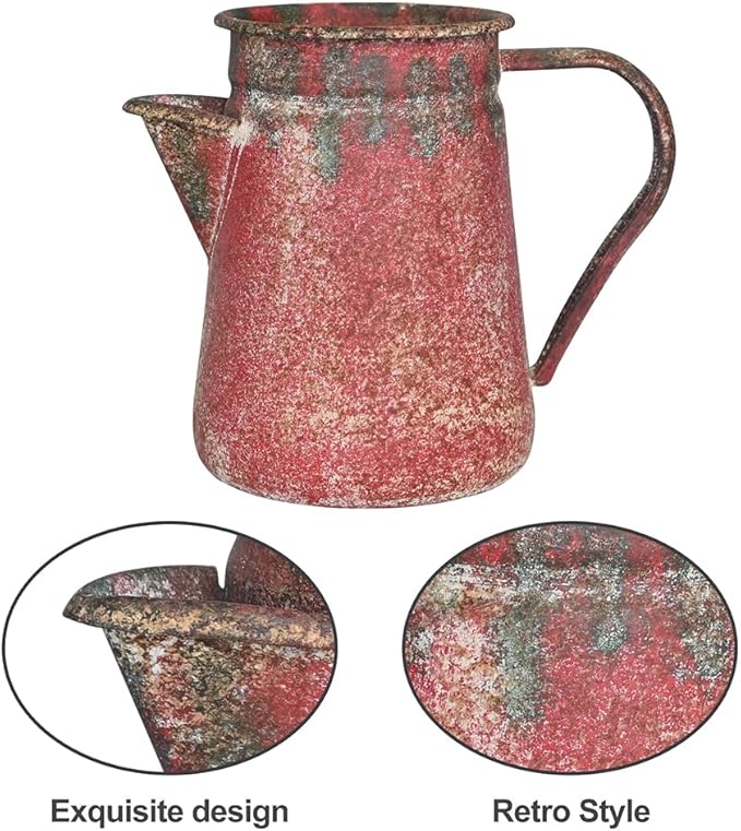 Vintage Pitcher Vase Rustic Farmhouse Vase for Flowers Vintage Metal Milk Jug Small Decorative Pitcher Shabby Chic Decor for Home, Kitchen, Bathroom, Red