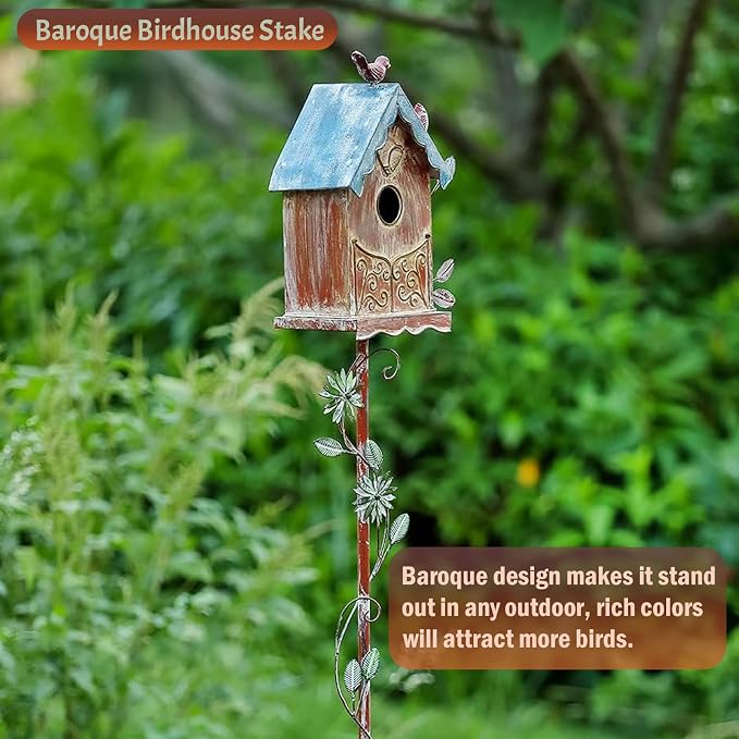 Baroque Cottage Bird House Stake for Outside with Pole, Distressed Metal Birdhouse Stand for Outdoor Garden,Purple