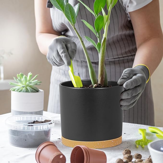 WSMKSZ 8 Inch Cylinder Plant Pots for Indoor Outdoor Plants, Medium Deep Flower Pots with Drainage Holes & Saucer, Decorative Plastic Planter Pots for Garden House Plants, Black with Brown