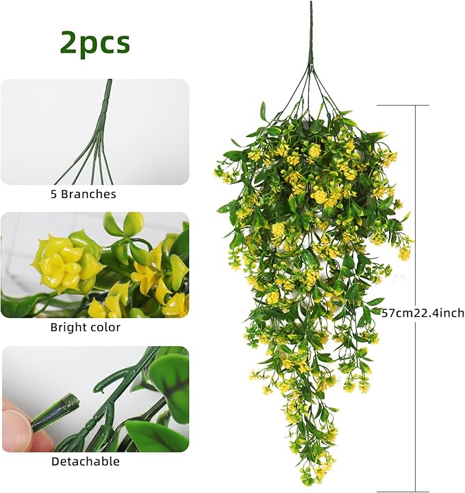 RECUTMS Hanging Plants Fake Vines Fake Hanging Plants Outdoor Greenery Faux Greenery 2Pcs Artificial Hanging Flower for Outdoors Hanging Basket Plastic Home Garden Wedding Party Decorations(Yellow)