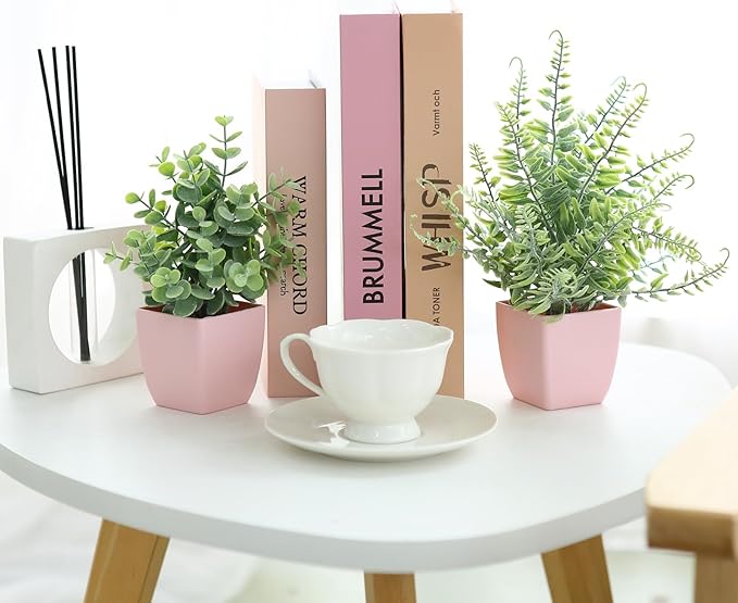 summer flower 2 Pack Small Fake Plants in Pink Pot Artificial Plant Eucalyptus Faux Potted Greenery Wheal Grass for Home Decor Indoor Bathroom Office Desk Shelf Bedroom Kitchen Cabinet Decorations