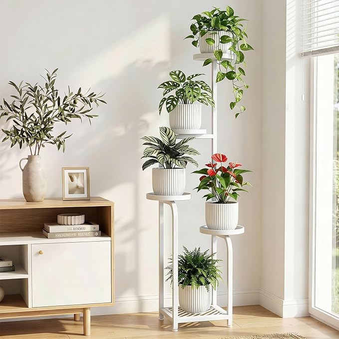 TOSKING 5 Tier Tall Plant Stand Indoor Outdoor,Anti-Tip Plant Stand indoor, Wide Base for Pots, Child and Pet Friendly,Heavy Duty Corner Shelf for Plants & Decor, Space Saving ,Tiered Metal Flower Pot Stand for Balcony, Garden, Living Room, Patio (Whit...